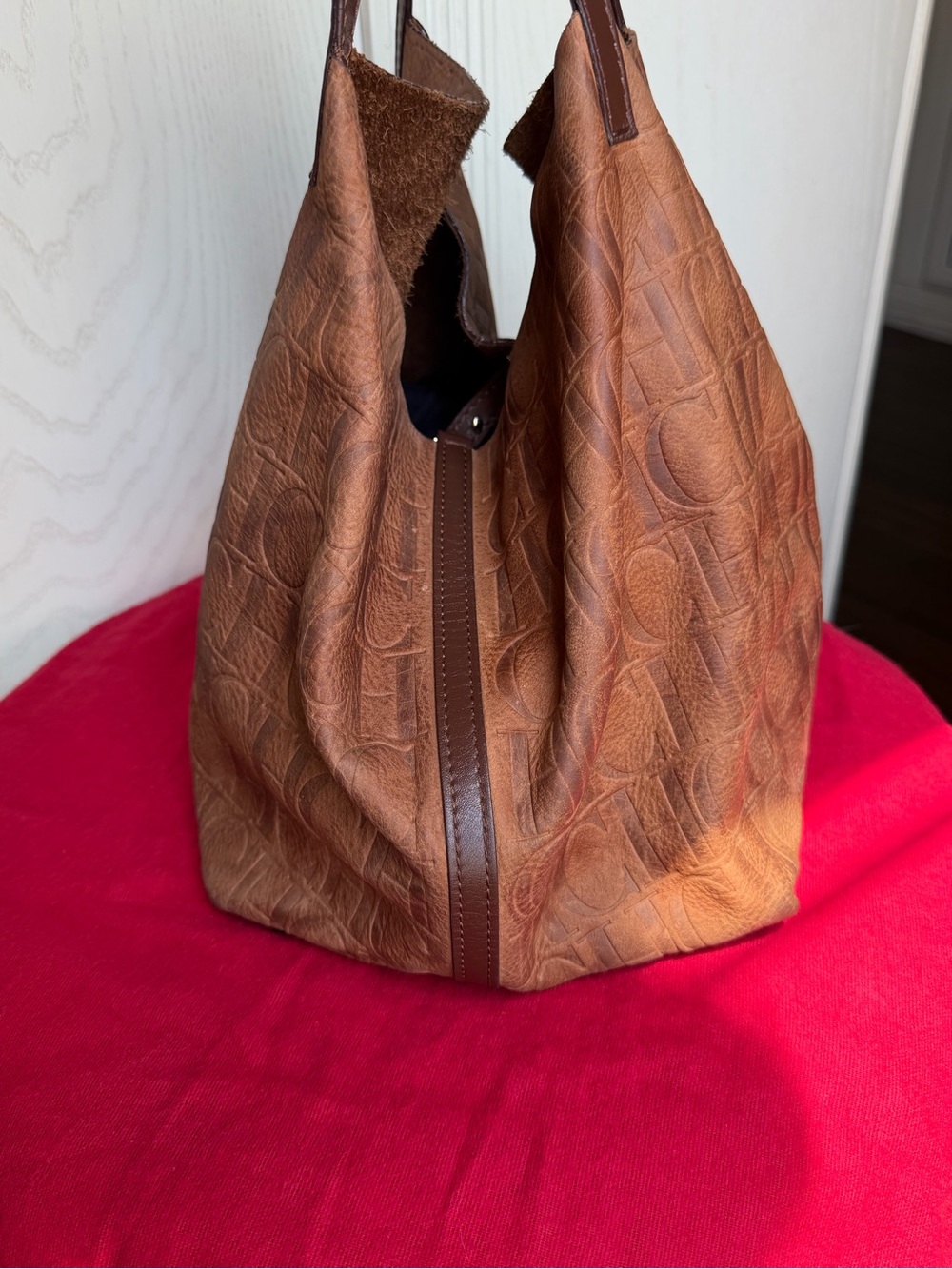 Carolina Herrera Tan Embossed CH Monogram Shoulder Tote Bag - Picture 9 of 14